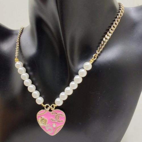 Chanel Heart Shape Enamel Pearl Necklace